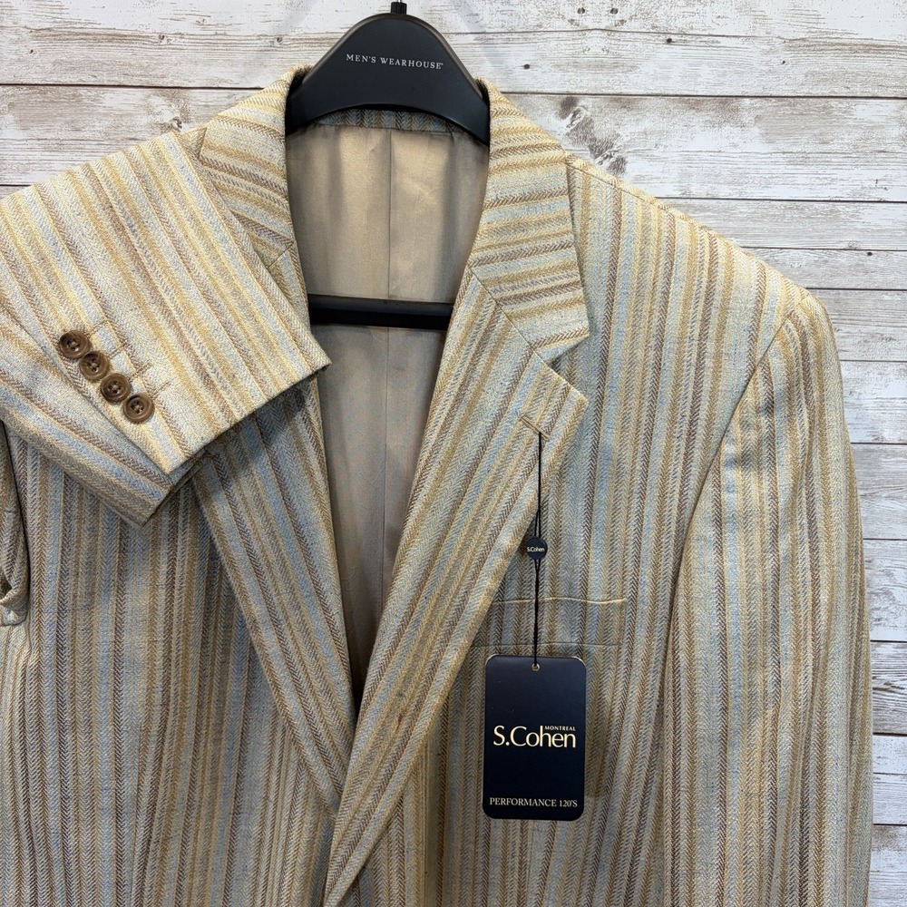NWT S.Cohen Mens 44L Silk Blazer 2-Button Beige Stripe Teflon Protection Stretch